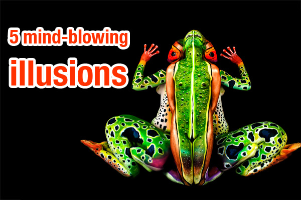 Bodypainting-Illusion eines Frosches auf schwarzem Hintergrund. Der Frosch ist aus mehreren bemalten menschlichen Körpern zusammengesetzt. Links oben steht der Text „5 mind-blowing“ und darunter in großen roten Buchstaben „illusions“.
